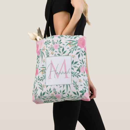 Tote Bag Elégante Fleurs Roses Blanches Aquarelle Florale (De près)