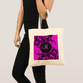 Tote Bag Élégante Flore Noire Et Rose Chaud - Monogramme (Devant (produit))