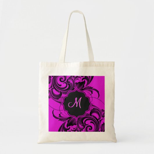 Tote Bag Élégante Flore Noire Et Rose Chaud - Monogramme (Devant)