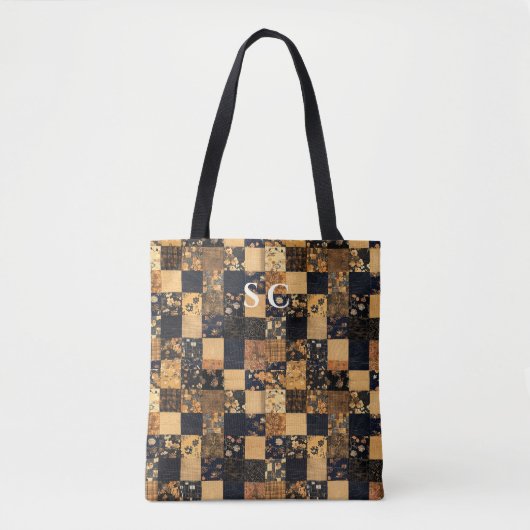 Tote Bag Elégante Fourre-tout en Patchwork avec Floral Bleu (Devant)