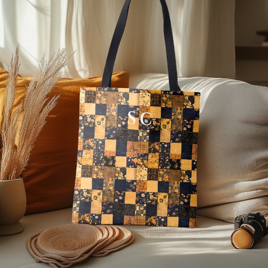 Tote Bag Elégante Fourre-tout en Patchwork avec Floral Bleu