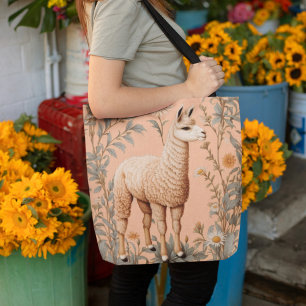 Tote Bag Élégante Lama et Fleurs de marguerite sur la pêche