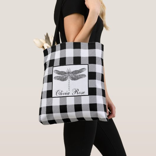 Tote Bag Élégante libellule blanche noire en vichy noire (De près)