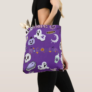 Tote Bag Élégante Lune d'Halloween Violette, Chauves-souris