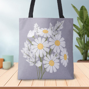 Tote Bag Élégante marguerite florale blanche sur la lavande