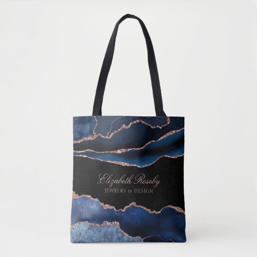 Tote Bag Élégante Marine Blue Rose Gold Agate Geode Busines (Devant)