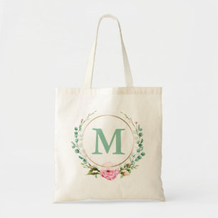 Tote Bag Élégante Rose Rose Floral Wreath Votre Monogramme
