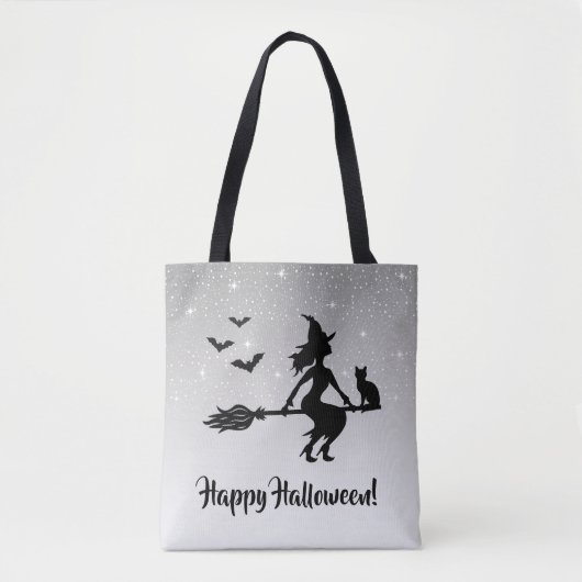 Tote Bag Elégante Sorcière Gris Et Noir Joyeux Halloween (Devant)