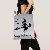 Tote Bag Elégante Sorcière Gris Et Noir Joyeux Halloween (De près)