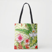 Tote Bag Élégants Feuilles tropicaux et fleurs d'Hibiscus | (Devant)