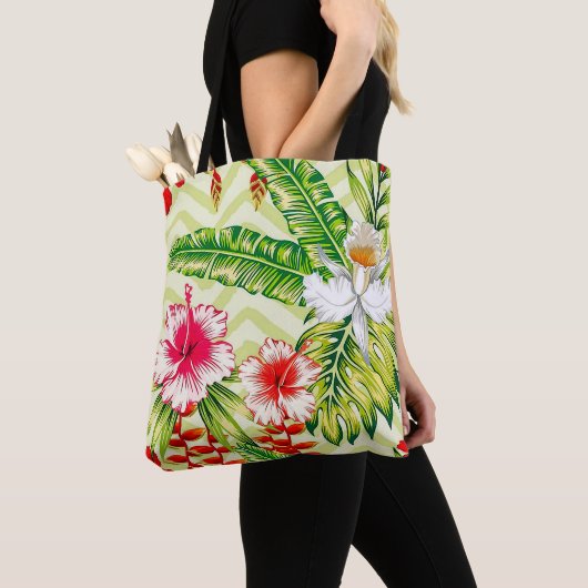 Tote Bag Élégants Feuilles tropicaux et fleurs d'Hibiscus | (De près)