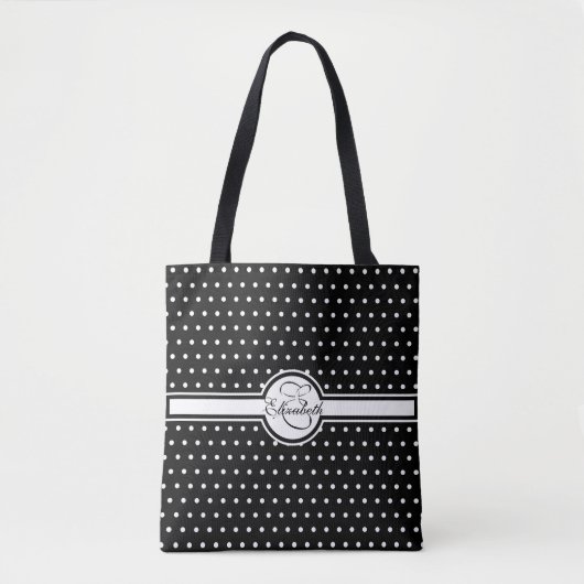 Tote Bag Élégants Pois blancs sur le monogramme noir (Devant)