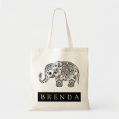 Tote Bag Eléphant de Paisley Floral Noir & Blanc (Devant)