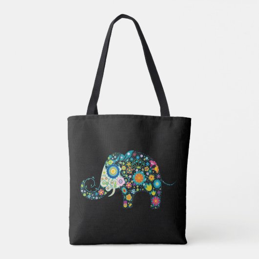 Tote Bag Eléphant floral coloré sur noir (Dos)