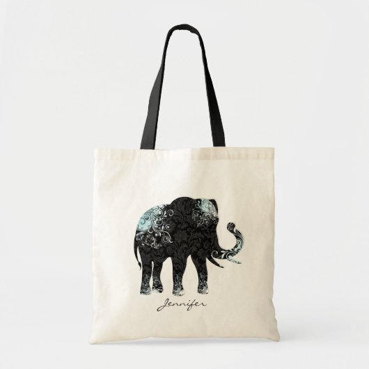 Tote Bag Eléphant floral noir et bleu (Devant)