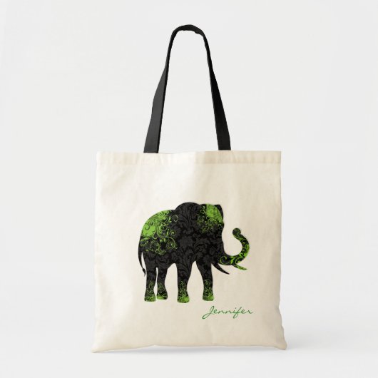 Tote Bag Eléphant floral noir et vert (Devant)