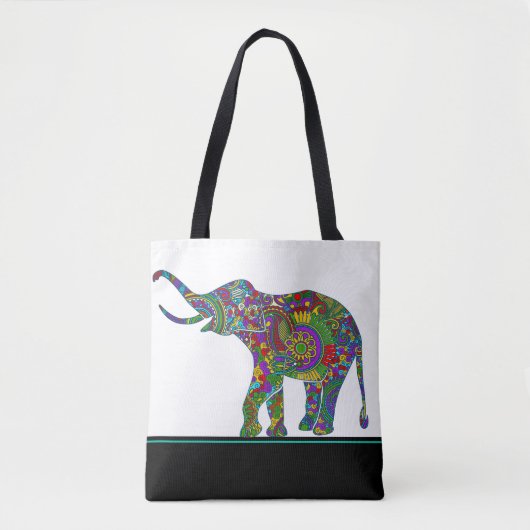 Tote Bag Eléphant Paisley Coloré Sur Noir & Blanc (Devant)
