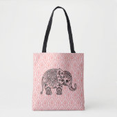 Tote Bag Eléphant Paisley Noir Sur Damas Rose (Devant)
