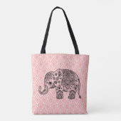 Tote Bag Eléphant Paisley Noir Sur Damas Rose (Dos)