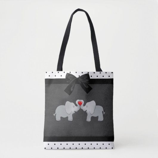 Tote Bag Eléphants adorables mignons, Pois, Bow noir (Devant)