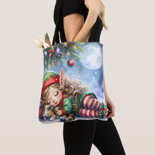 Tote Bag Elfe de Noël couché avec Calico Kitten