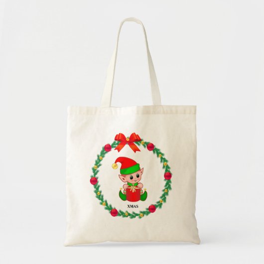 Tote Bag elfe de Noël, couronne de pin, boules rouges et do (Devant)