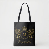 Tote Bag Emblème de couronne royale Lions Monogramme Script (Devant)