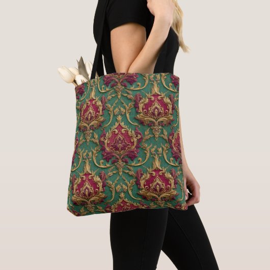 Tote Bag Emerald Burgundy Baroque Damask (De près)