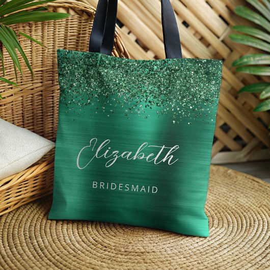 Tote Bag Emerald Green Glam Metallic Script Bridesmaid
