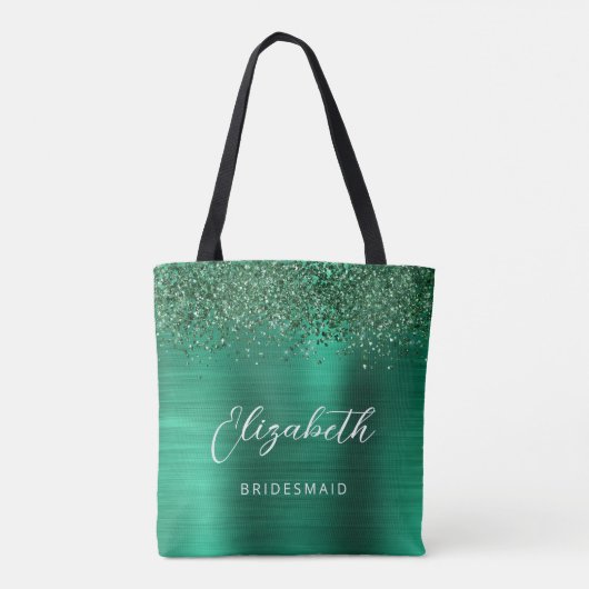 Tote Bag Emerald Green Glam Metallic Script Bridesmaid (Dos)