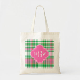 Tote Bag Emerald Green Hot rose Whisky Preppy Madras Monogr