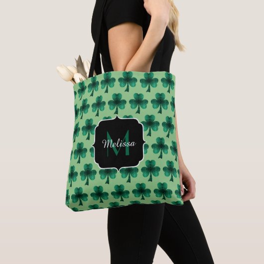 Tote Bag Emerald Green Sparkle Shamrock St Patrick Monogram (De près)
