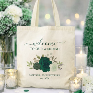 Tote Bag Émeraude Vert Bohème Roses Élégant Mariage Bienven