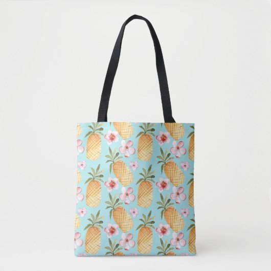 Tote Bag Empreinte d'ananas rétro tropicale sur turquoise (Devant)