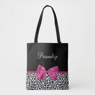 Tote Bag Empreinte de léopard en ruban rose foncé avec nom