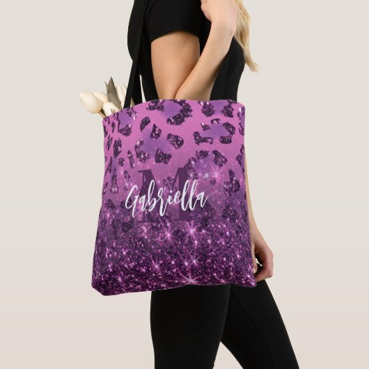 Tote Bag Empreinte de léopard Parties scintillant violet (De près)