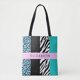 Tote Bag Empreinte de léopard, Zebra Print, Bleu, Votre nom