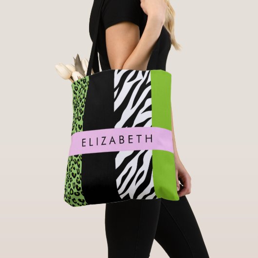 Tote Bag Empreinte de léopard, Zebra Print, Vert, Votre nom (De près)