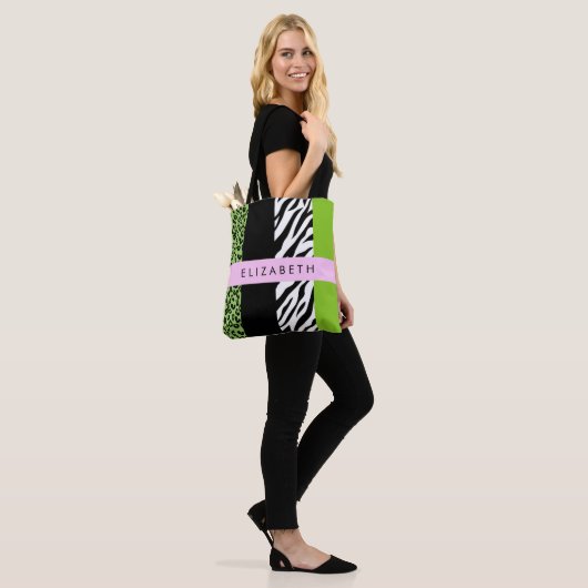 Tote Bag Empreinte de léopard, Zebra Print, Vert, Votre nom (Sur le modèle)