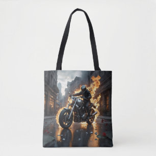 Tote Bag Empreintes captivantes avec motard entouré de flam