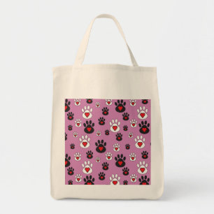 Tote Bag Empreintes de pattes aux coeurs rouges sur rose