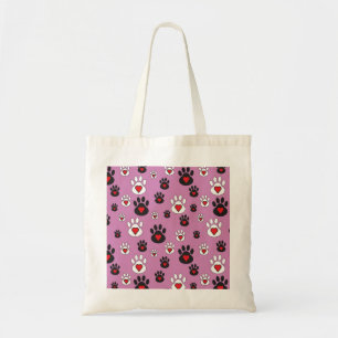 Tote Bag Empreintes de pattes aux coeurs rouges sur rose