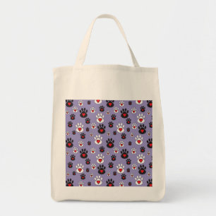 Tote Bag Empreintes de pattes avec des cœurs rouges sur fon