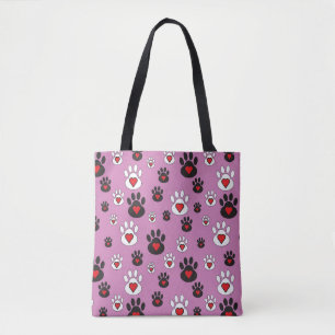 Tote Bag Empreintes de pattes avec des cœurs rouges sur ros