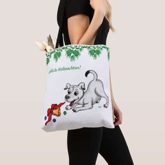 Tote Bag en allemand, Noël avec Chipe Cloche et Ball (De près)