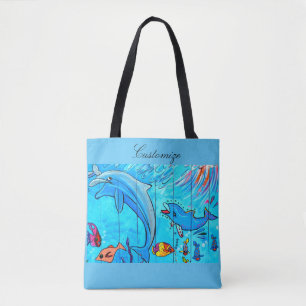 Tote Bag en sautant les dauphins riants concevez le bleu