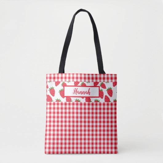 Tote Bag En vichy rouge chèque et fraises Monogramme (Devant)