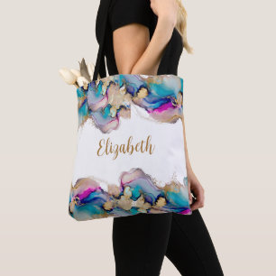Tote Bag Encre alcoolique aquarelle violet bleu or Monogram