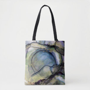 Tote Bag Encre d'alcool bleu et or Liquide Art Abstrait