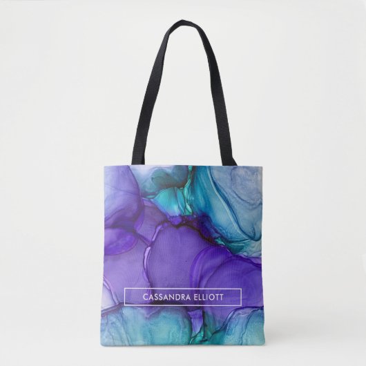 Tote Bag Encre d'alcool Turquoise et violette Art Abstrait (Devant)